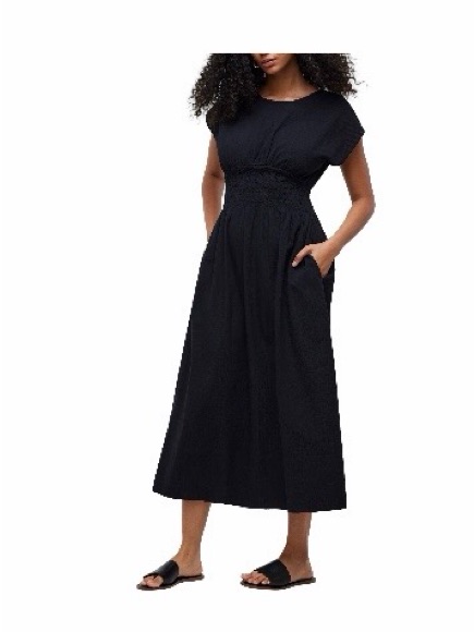 Madewell Black Smocked-Waist Cap-Sleeve Midi Dress